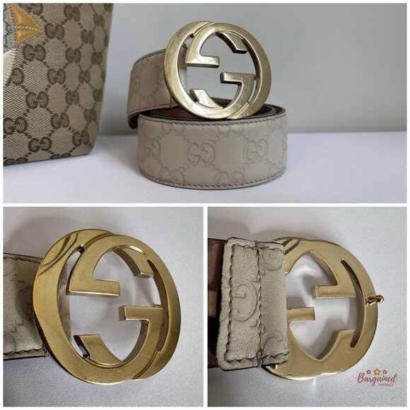 Authentic Gucci Cream Guccissima Leather Gold Interlocking G Buckle Belt 75/30 - Picture 2 of 13